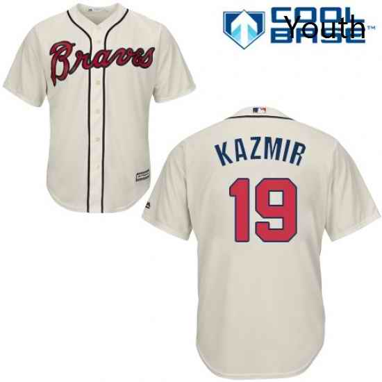 Youth Majestic Atlanta Braves 19 Scott Kazmir Authentic Cream Alternate 2 Cool Base MLB Jersey